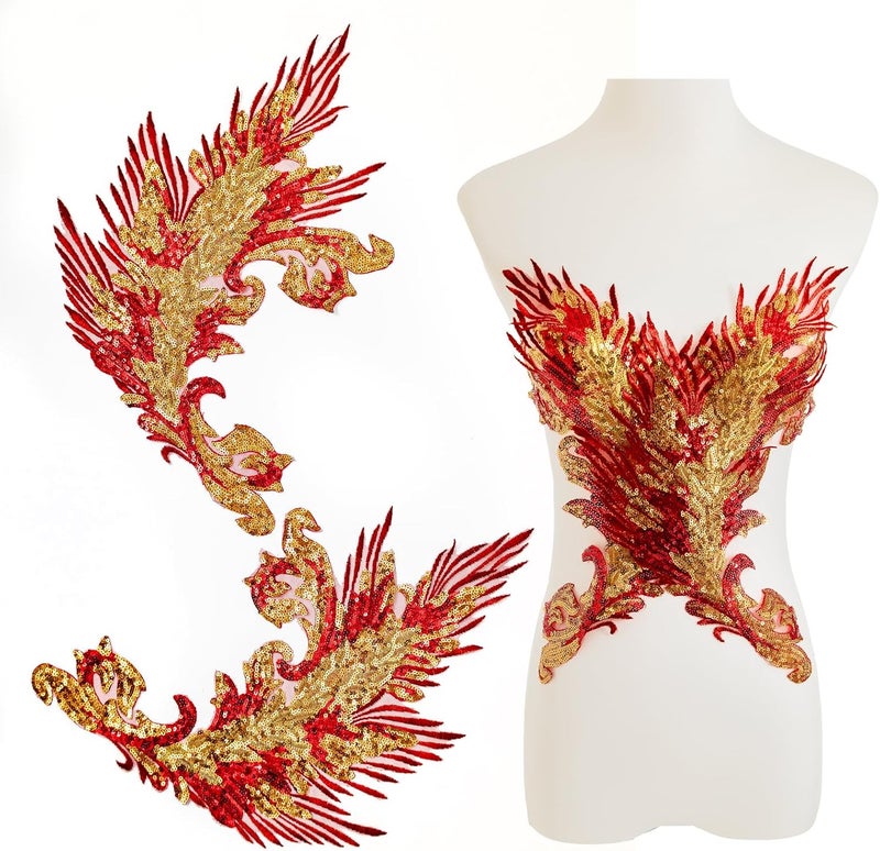 Silvora Pair Embroidery Phoenix Costume Sequin Appliques Patches, Peacock Feather Tail Applique Embellishments for Dance Dresses,Clothes,T-Shirt，Neckline Bodice Pants (Red) - Image 1
